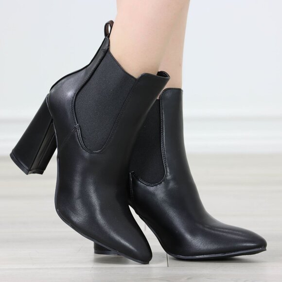 Womens High Heel Ankle Boots Pointed Toe Elastic Gore Booties Synthetic Leather - Picture 2 of 12